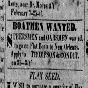 Newspaper clipping seeking boatmen, 1833