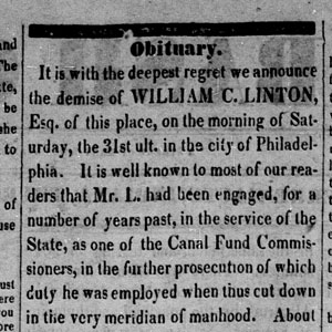 Newspaper clipping of William Linton's obituary