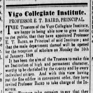 Newspaper clipping about Vigo Collegiate Institute, 1848