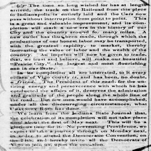 Newspaper clipping about a railroad to Indianapolis, 1852