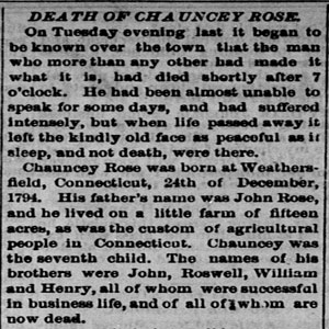Clip from Saturday Evening Mail about the death of Chauncey Rose