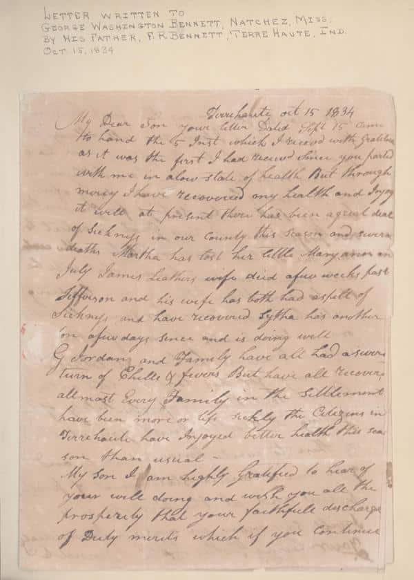 1834 letter from F.R. Bennett to his son
