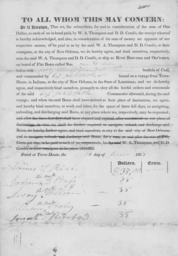 1833 contract by W.A. Thompson and D.D. Condit