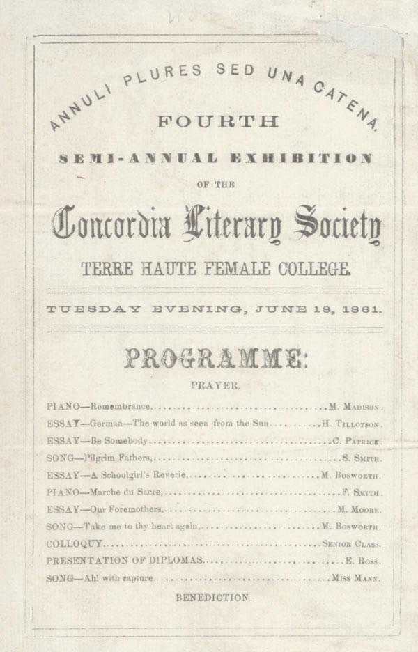June 1861 Program of the Fourth Annual Terre Haute Female College's Concordia Literary Society exhibition