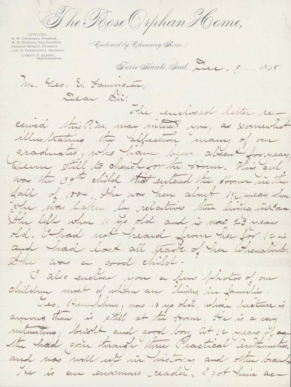 December 1898 letter from Lyman Alden at the Rose Orphan Home