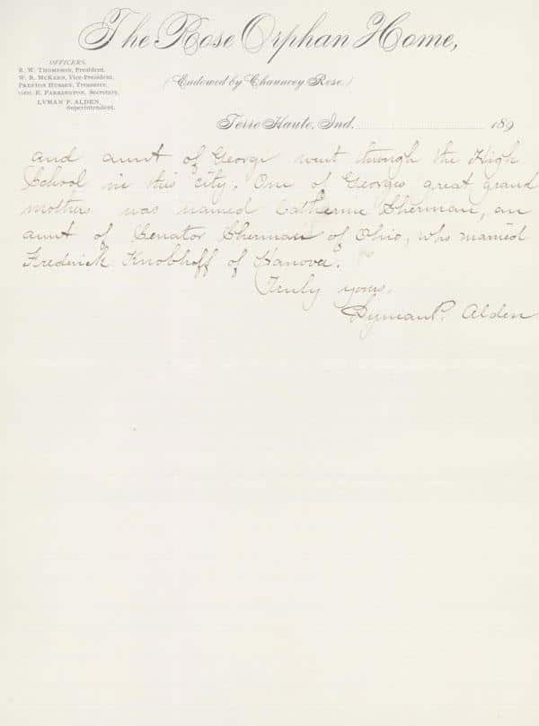 December 1898 letter from Lyman Alden at the Rose Orphan Home